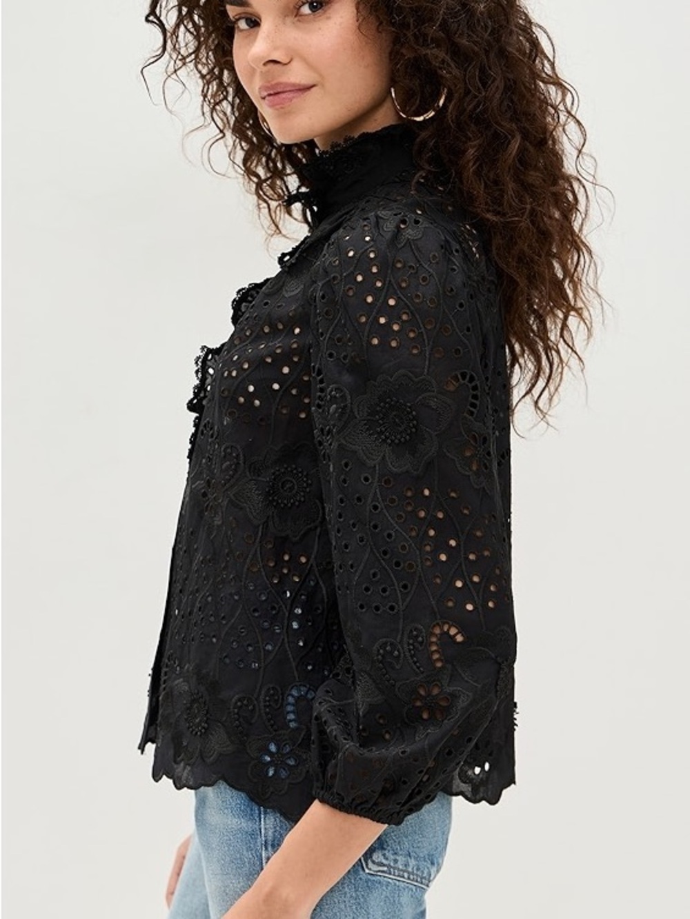 Stellah Black Eyelet Lace Mock-Neck Blouse
